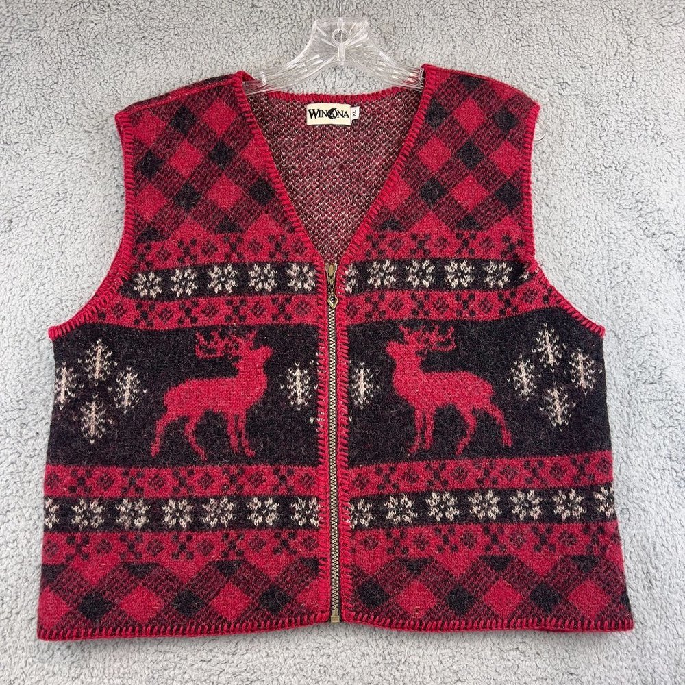 Vintage 1980 Winona Knits Womens Wool Reindeer Cozy Sweater vest size XL